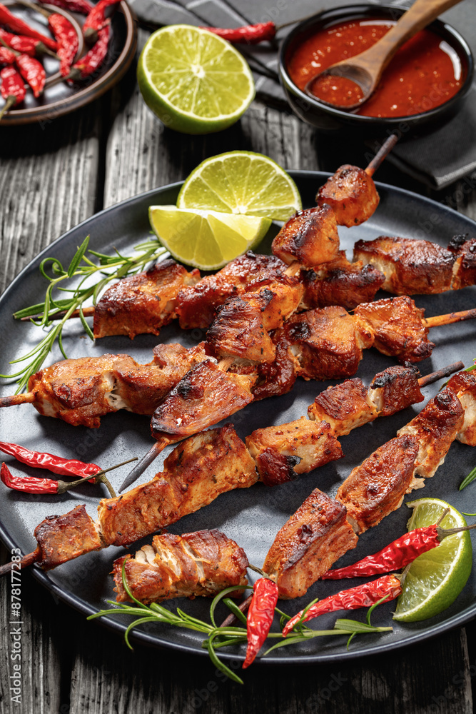 roasted juicy pork kebabs on plate, top view roasted juicy pork kebabs on plate, top view
