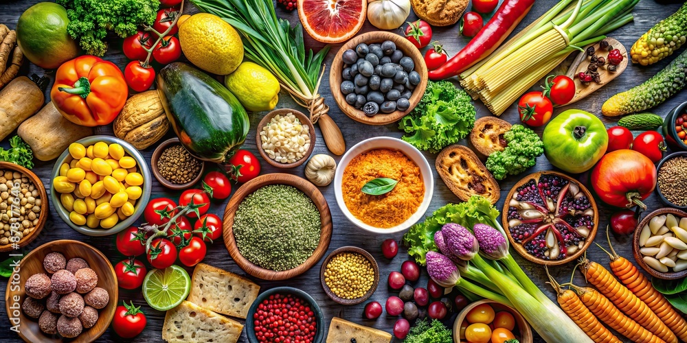A vibrant and creative mix of various foods, food, mix, ingredients, culinary, cuisine, fusion, blend, colorful, gourmet A vibrant and creative mix of various foods, food, mix, ingredients, culinary, cuisine, fusion, blend, colorful, gourmet