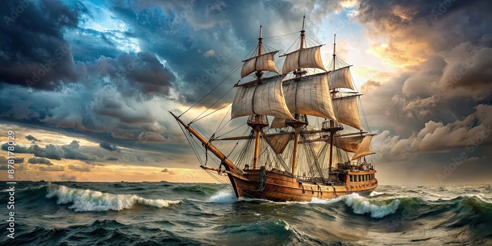Obraz premium An old wooden sailing ship with tattered sails navigating rough seas, sailing, ship, ocean, sea, water, waves
