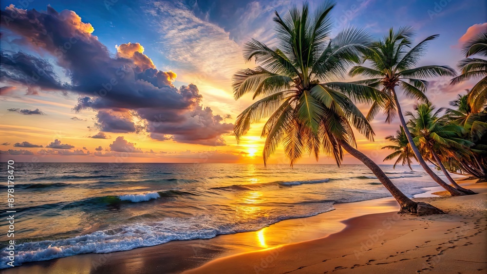 Warm sunset on a tropical beach with palm trees and calm ocean waves, tropical, sunset, beach, palm trees, warm, serene Warm sunset on a tropical beach with palm trees and calm ocean waves, tropical, sunset, beach, palm trees, warm, serene