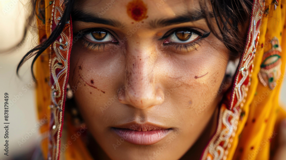 Close-Up Portrait of a Young Woman Wearing a Yellow Sari in India Close-Up Portrait of a Young Woman Wearing a Yellow Sari in India