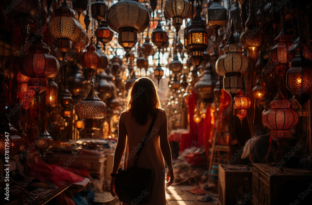 Naklejka premium A woman explores a vibrant market filled with beautiful, illuminated lanterns, creating a magical atmosphere