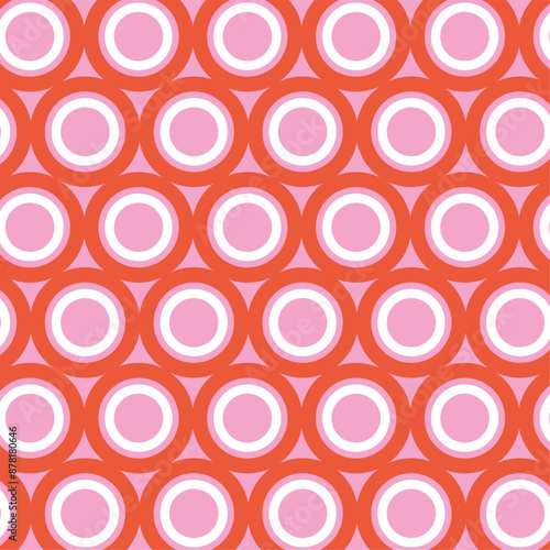 Vintage 1960 groovy Geo circles, Retro 60s and 70s colorful orange and pink round pattern Vector illustration. Trendy op art circles pattern design. 70s circles Round style wallpaper background. 