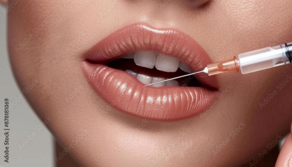 Naklejka premium Procedure lip augmentation, Cosmetologist does injection Lip filling close-up pic about a woman lips