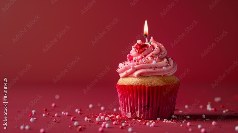 Celebratory Cupcake: Pink Frosted Delight with Single Candle, Generative AI Celebratory Cupcake: Pink Frosted Delight with Single Candle, Generative AI
