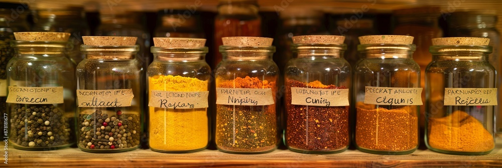 A close-up of a wooden shelf with glass jars filled with various spices, labeled with their names. A close-up of a wooden shelf with glass jars filled with various spices, labeled with their names.