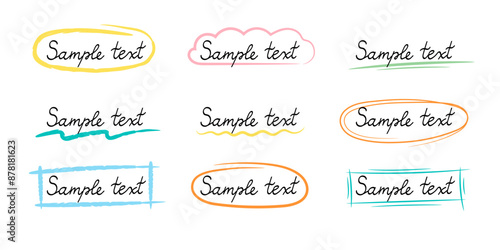 Hand drawn simple colorful frame set for text. Crayon color brush stroke pen line stroke scribble element.