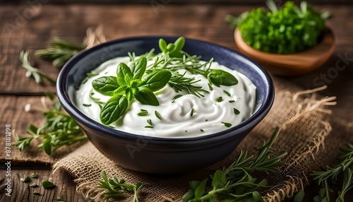 Sour Cream with fresh herbs (close-up shot) on wooden background 