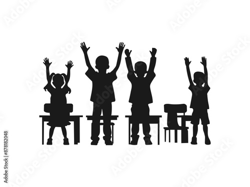 Children silhouette. Children raising hands in classroom silhouette.