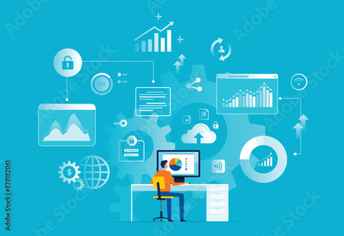 business finance analysis. flat vector illustration design data analytics research for business planning. and people on monitor report dashboard concept
