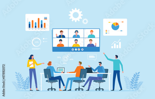 business finance analysis. Group business marketing team video conference meeting online and people brainstorming for planning concept
