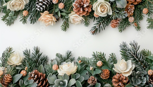 Winter art display with fragrant pine and frosted flowers