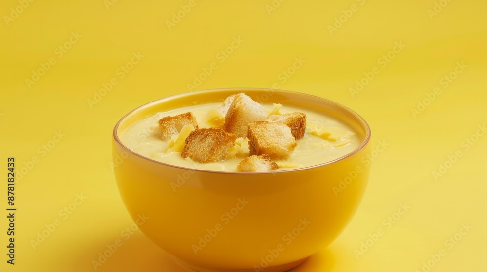 Enjoy a delicious bowl of creamy soup topped with crispy croutons against a vibrant yellow backdrop Enjoy a delicious bowl of creamy soup topped with crispy croutons against a vibrant yellow backdrop