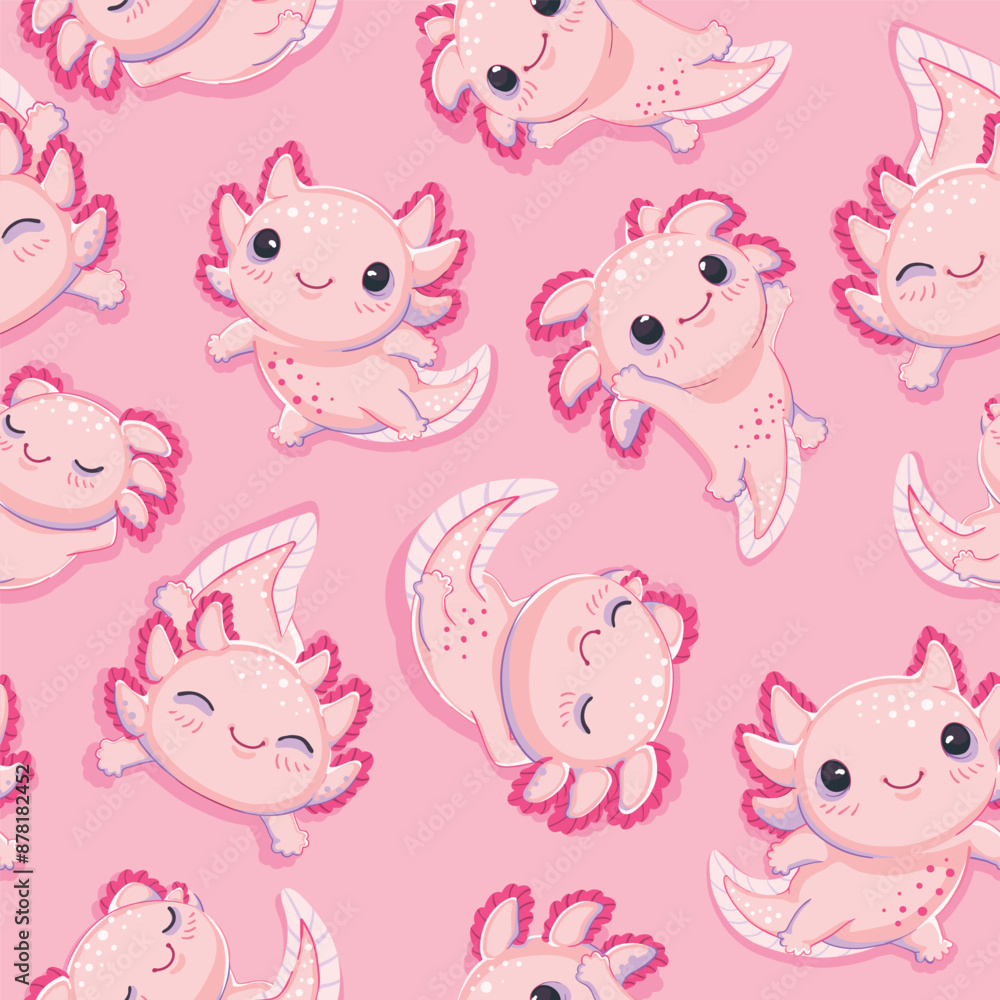 Seamless pattern with cute and happy baby axolotls on a pink background. Repeated surface vector design. Seamless pattern with cute and happy baby axolotls on a pink background. Repeated surface vector design.