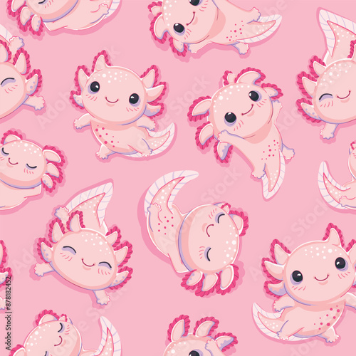 Seamless pattern with cute and happy baby axolotls on a pink background. Repeated surface vector design.