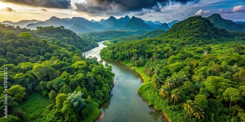 Aerial view of lush tropical forest river with mountains in background, aerial view, river, tropical, green