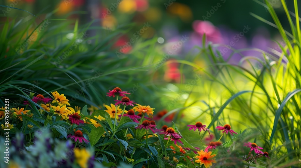 Vibrant flowers and neatly trimmed grass provide a tranquil background Vibrant flowers and neatly trimmed grass provide a tranquil background