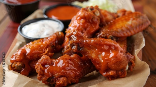 Fried golden chicken wings dipped in a mixture of creamy ranch and hot buffalo sauces