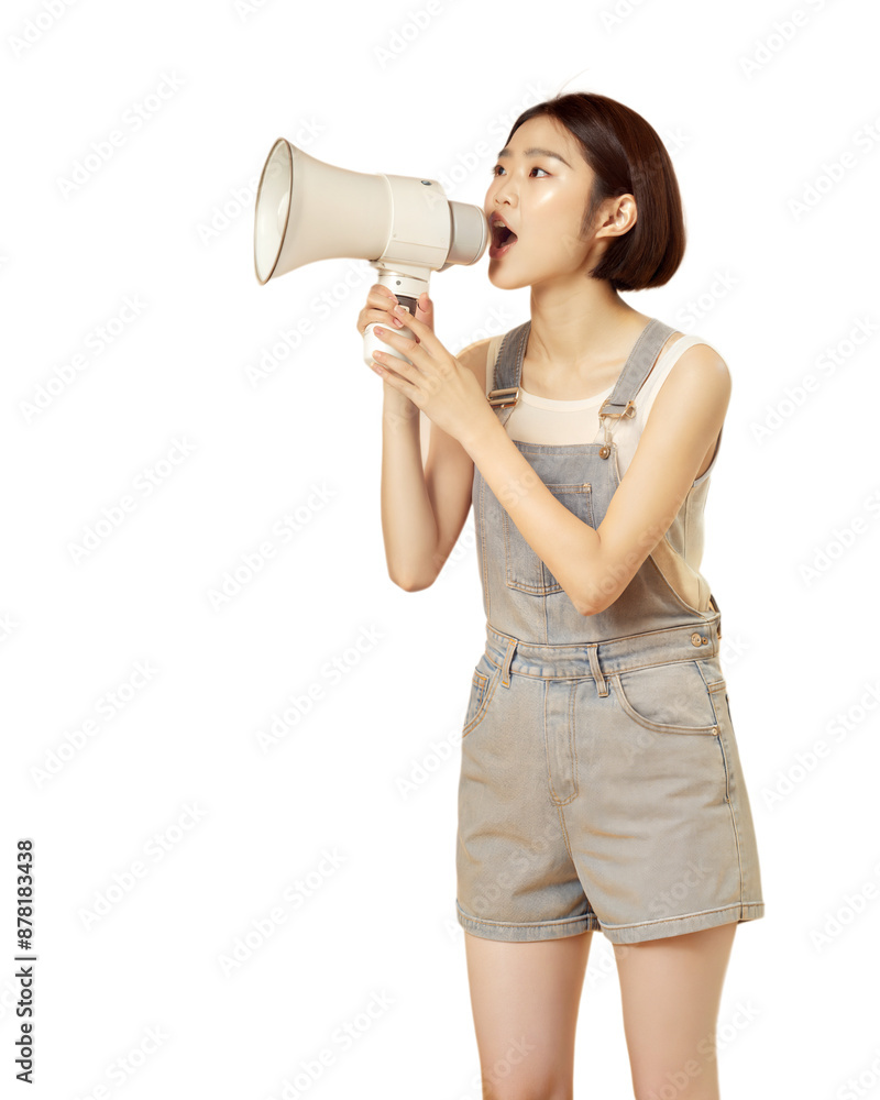 young asian woman talking with megaphone about latest news, product advertising concept, isolated on white background, png format young asian woman talking with megaphone about latest news, product advertising concept, isolated on white background, png format