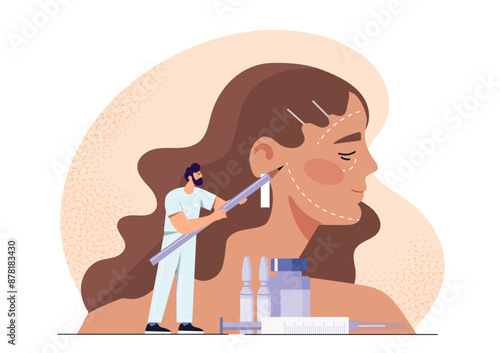 Woman with facial plastic injection. Man in uniform makes marks on face of young girl. Beauty procedures and plastic surgery. Rhinoplasty in clinic. Cartoon vector illustration