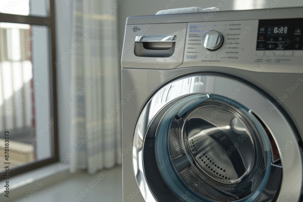 Modern washing machine with clean lines and geometric shapes, featuring chrome and glass elements, embodying a minimalist aesthetic.