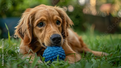 A golden retriever lies on the grass, gently holding a blue rubber ball in its mouth. The dog has a thoughtful expression.