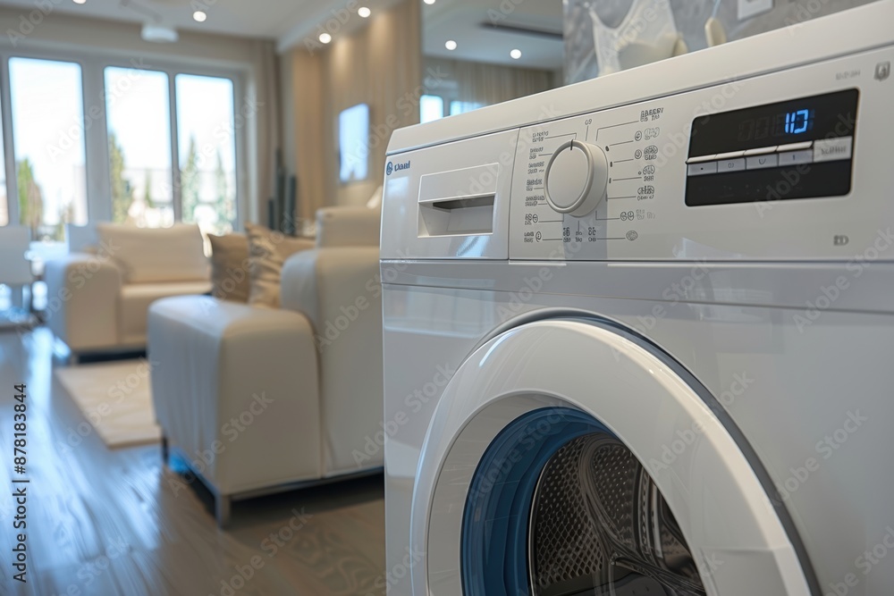 Modern washing machine with clean lines and geometric shapes, featuring chrome and glass elements, embodying a minimalist aesthetic. Modern washing machine with clean lines and geometric shapes, featuring chrome and glass elements, embodying a minimalist aesthetic.