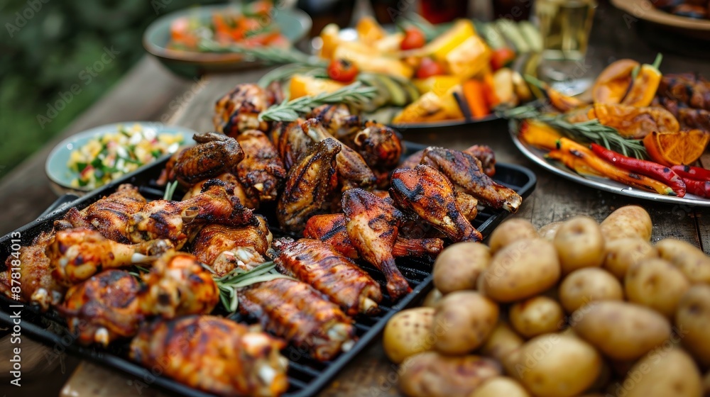 Potatoes, veggies, wings, and grilled chicken make a delicious picnic spread. Potatoes, veggies, wings, and grilled chicken make a delicious picnic spread.