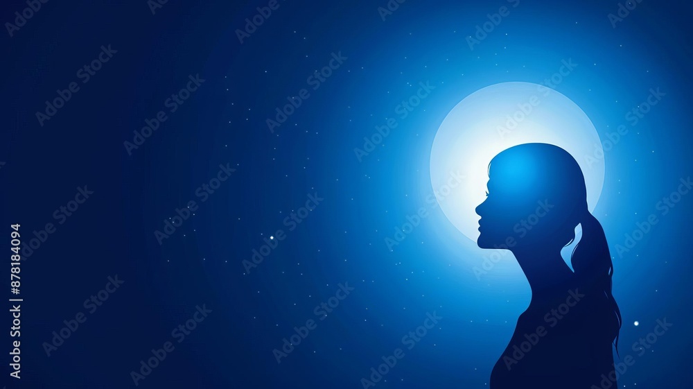 Silhouette of a person against a glowing blue background, representing mystery and calm in a starry night sky. Silhouette of a person against a glowing blue background, representing mystery and calm in a starry night sky.