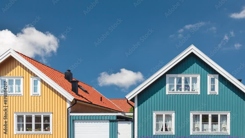 Horizontal pan of colorful old swedish houses in Karlskrona in front of a blue sky