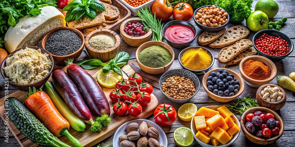 Assorted healthy and delicious gourmet foods arranged on a kitchen table , gourmet, foods, healthy, delicious, assorted, kitchen