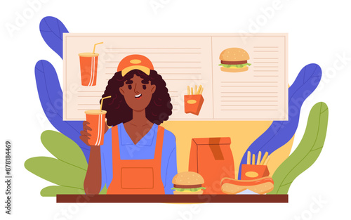 Fast food worker woman. Young girl in uniform sells takeaway eating. Catering or cafe worker. Hamburger, french fries, hot dog and soda. Cartoon vector illustration isolated on white background