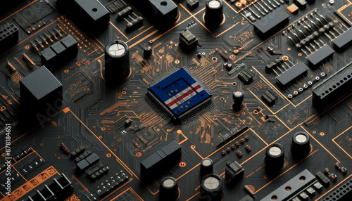 Detailed view of a circuit board with an Cape Verde flag on the microchip, symbolizing the technological prowess and innovation photo