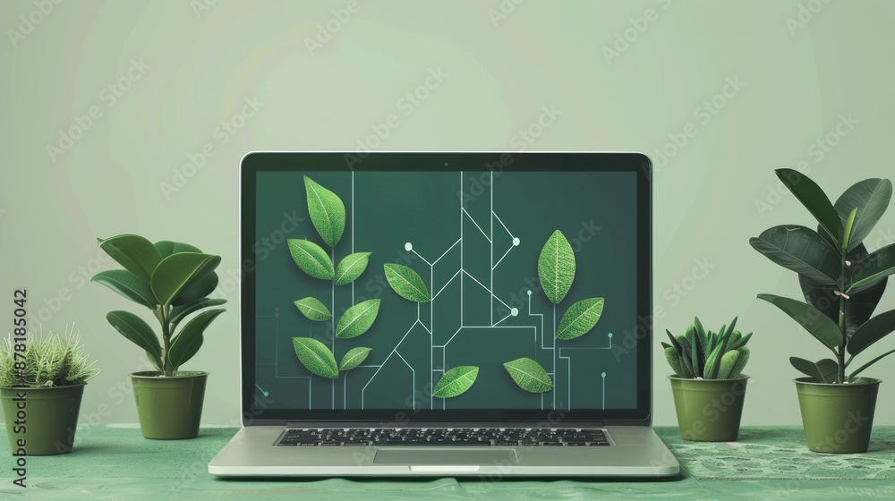 A minimalist illustration of a green laptop with a simple, geometric diagram on its screen, conveying the concept of eco-friendly technology in a modern and clean design. A minimalist illustration of a green laptop with a simple, geometric diagram on its screen, conveying the concept of eco-friendly technology in a modern and clean design.