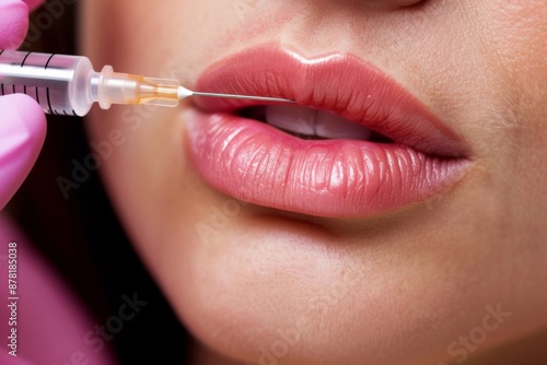 Procedure lip augmentation, Cosmetologist does injection Lip filling close-up pic about a woman lips