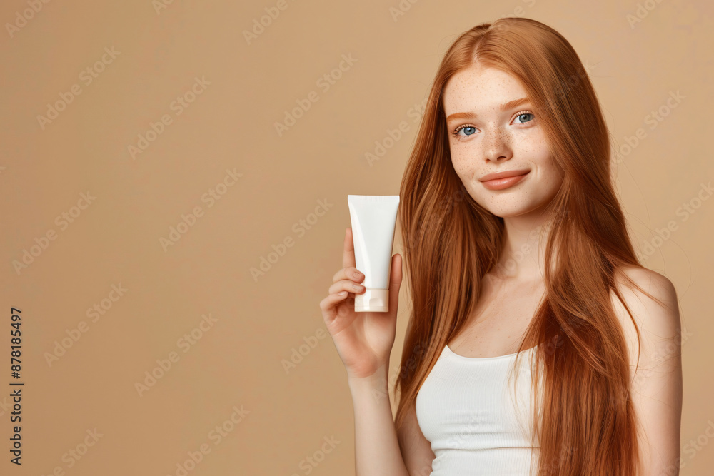 
Portrait of a beautiful woman with red straight hair holding a white cream tube in her hand, isolated on a pastel background, copy space for a text banner concept in the skin care and beauty industry