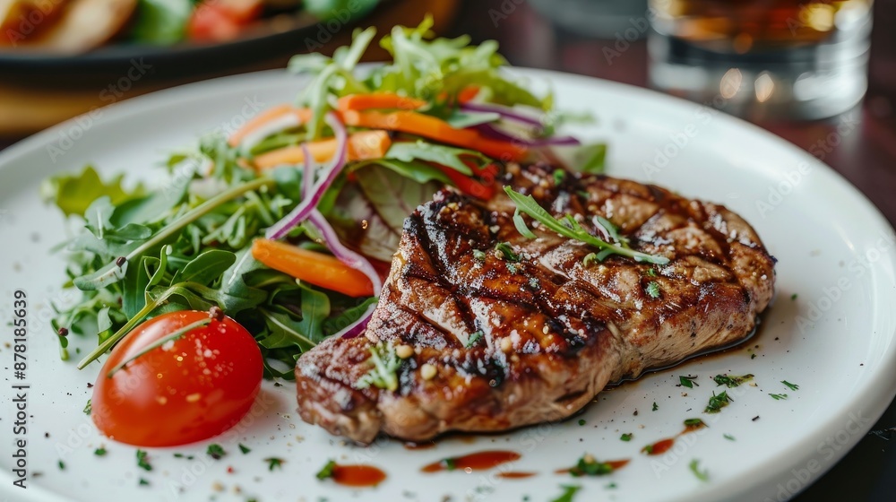 A white plate with grilled meat and a crisp salad A white plate with grilled meat and a crisp salad