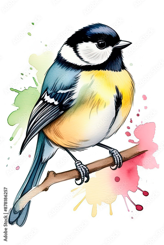 Obraz premium Hand-painted watercolor great tit on branch. Artistic image of animals and birds for design of zoological books, articles, postcard design and other printed publications
