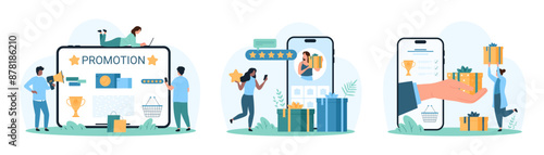 Loyalty program, and giveaway personalized product advertising set. Hand from phone screen holding gift box to give to tiny woman, contest with prizes from blogger cartoon vector illustration
