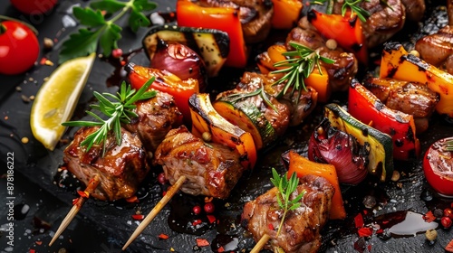 skewers of grilled meat and vegetables