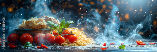 3D picture of dark blue restaurant with pasta, bread, tomatoes