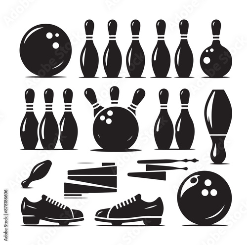 minimal Bowling sports equipment set collection silhouette vector