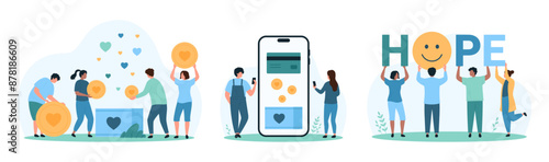 Charity, love and support of community set. Tiny people donate hearts gifts in donation box, give money with phone mobile app, volunteers with letters of Hope word cartoon vector illustration
