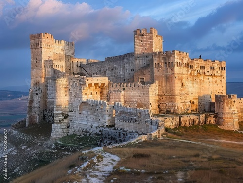 ancient stone fortress of krak des chevaliers perched atop rugged syrian hillside dramatic lighting highlights architectural details of medieval crusader castle against backdrop of arid landscape photo