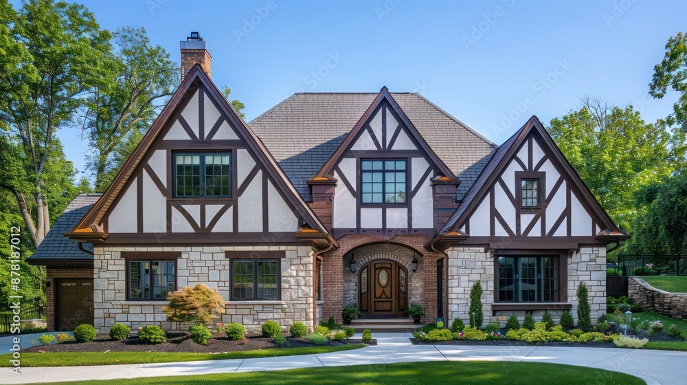 Suburban ranch with a Tudor-style facade, featuring half-timbered walls and a steeply pitched roof Suburban ranch with a Tudor-style facade, featuring half-timbered walls and a steeply pitched roof