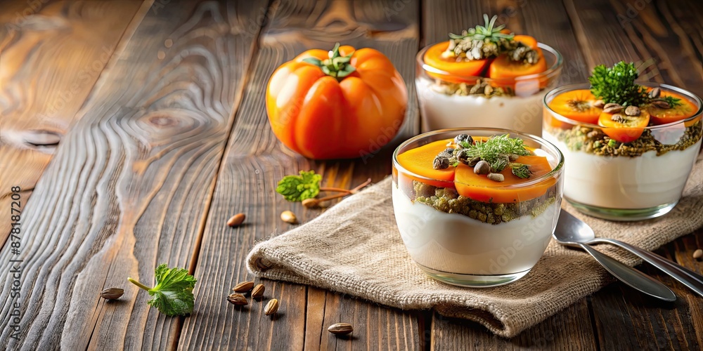 Dessert featuring yogurt, persimmon, and hemp sativa sprouts on wooden background, dessert, yogurt, persimmon, hemp, sativa Dessert featuring yogurt, persimmon, and hemp sativa sprouts on wooden background, dessert, yogurt, persimmon, hemp, sativa