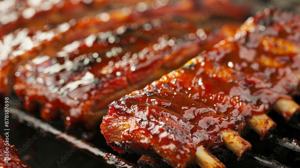 Caramelized honey serves as a charming backdrop for succulent, juicy, and tender grilled pork ribs coated in a zesty, sweet barbecue sauce. Caramelized honey serves as a charming backdrop for succulent, juicy, and tender grilled pork ribs coated in a zesty, sweet barbecue sauce.