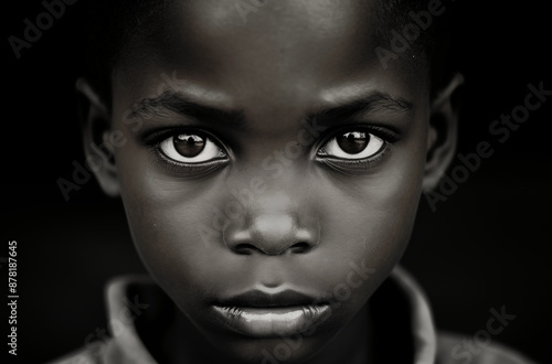 A close-up portrait of a young boy with an intense gaze, highlighting his deep, expressive eyes against a dark background © Minimal Blue