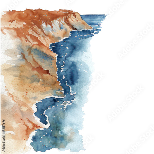 Coastal erosion watercolor illustration isolated on transparent. Sea png file for art work.
 photo