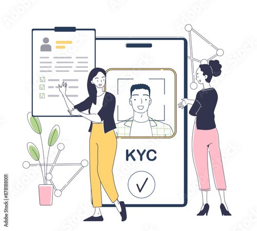 Know your customer. Women near smartphone with user avatar. KYC system. Business and entrepreneurship development, marketing analysis. Linear vector illustration isolated on white background